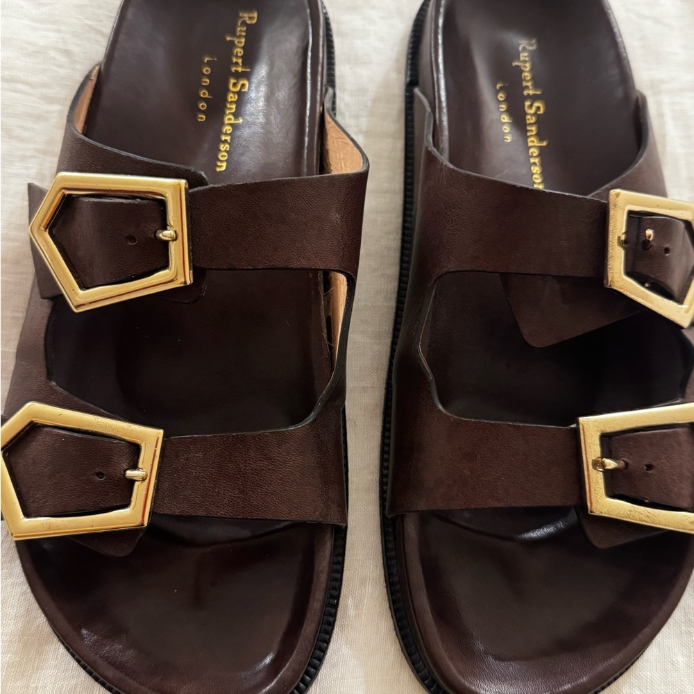 Rupert Sanderson Women’s Dark Brown Sandals with Gold Buckles